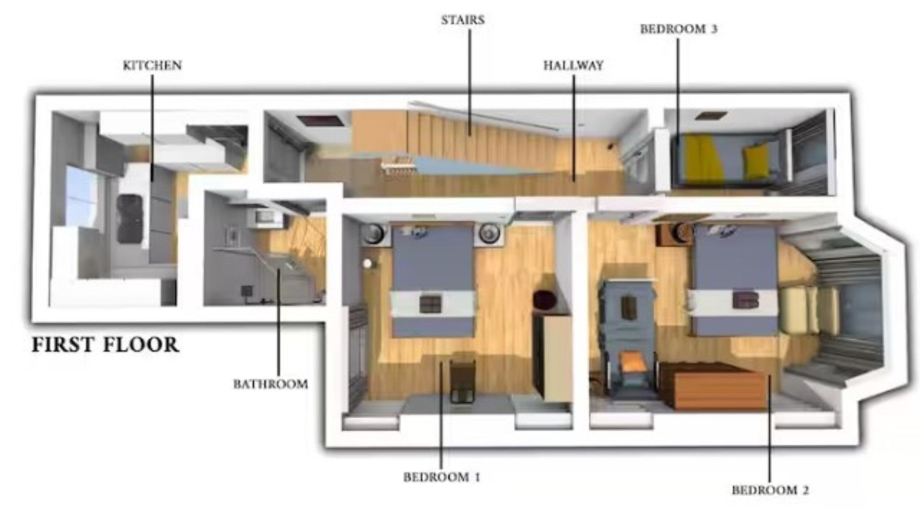 A floor plan of a house with a kitchen, bathroom, and three bedrooms.
