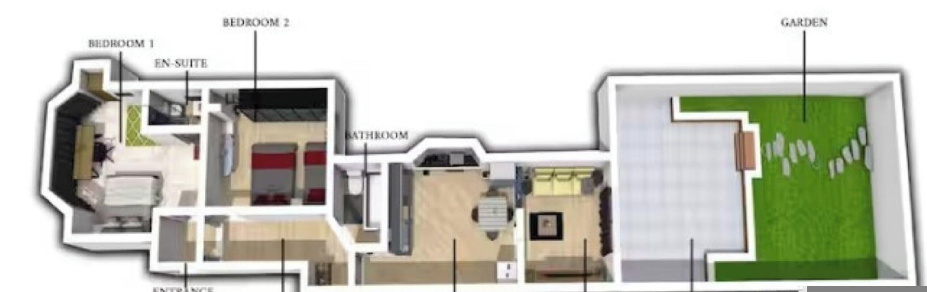 Un plan d’étage comprenant deux chambres, une salle de bain, une cuisine, un coin repas et un jardin.