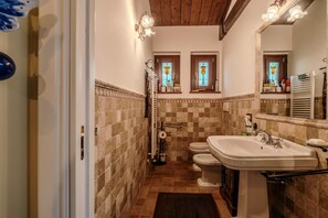 Shower, hair dryer, bidet, towels