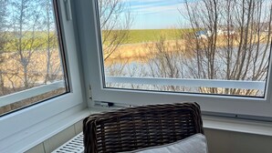 Una silla de mimbre con un cojín gris junto a una ventana con vistas a un campo y árboles.