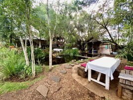A rustic outdoor setting with a wooden table and benches, surrounded by trees and a small pond.