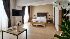 A hotel room with a bed, bedside tables, a flat-screen TV, a table with books and a bottle, and a potted plant. - Hotel Astoria (Biella)