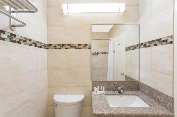 Hair dryer, towels, soap, toilet paper