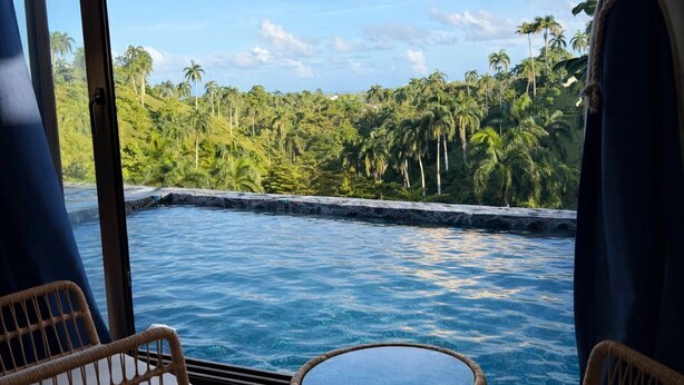 Ein Zimmer mit Blick auf einen tropischen Strand und einen Pool.
