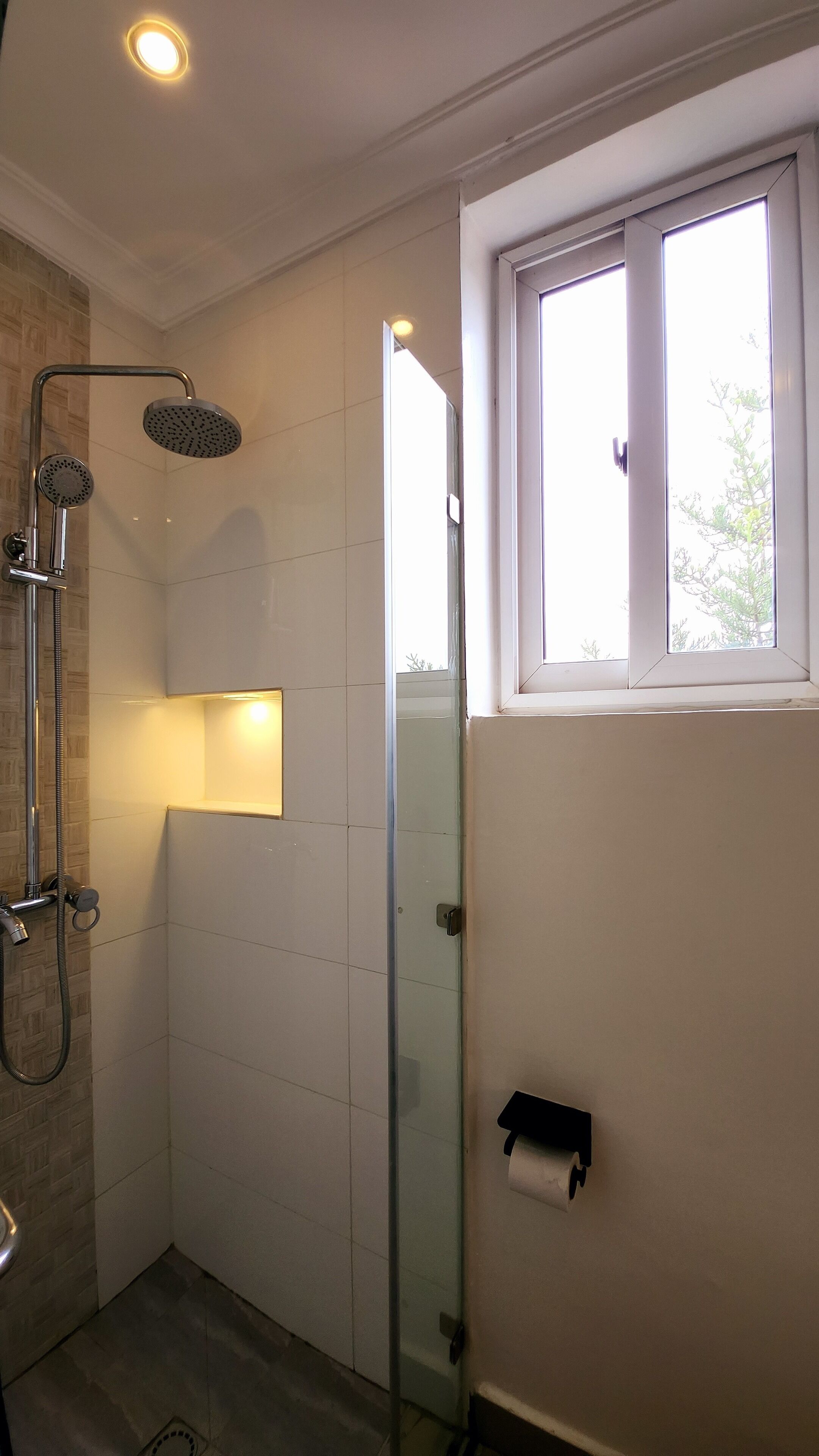 Shower, towels, soap, toilet paper