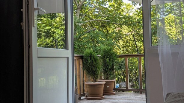 An open sliding glass door leading to a wooden deck with potted plants and a view of trees. - The Leafy Terrace Flat (Kobuleti)