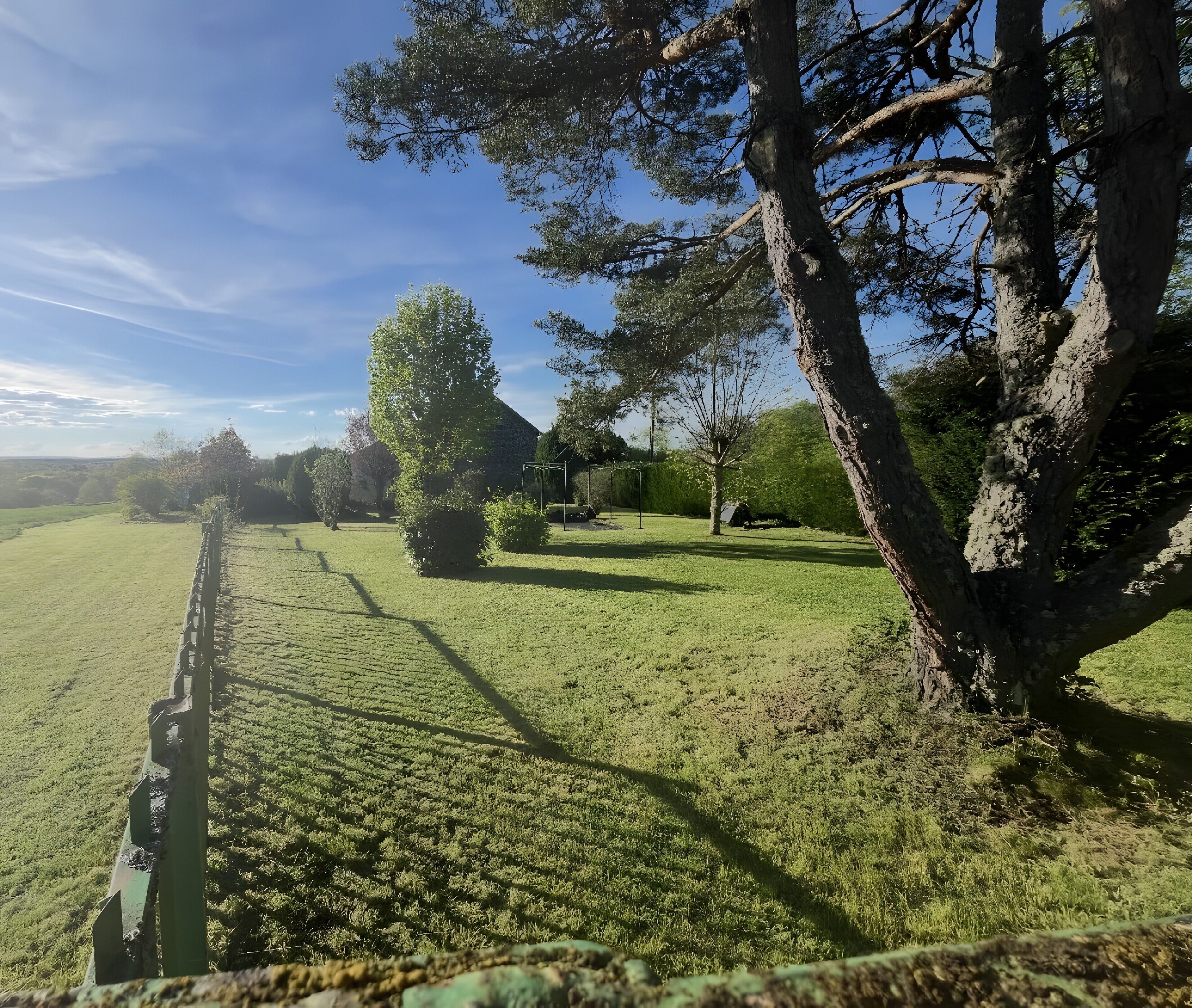 A rural landscape with a grassy field, a large tree, and a building in the distance.