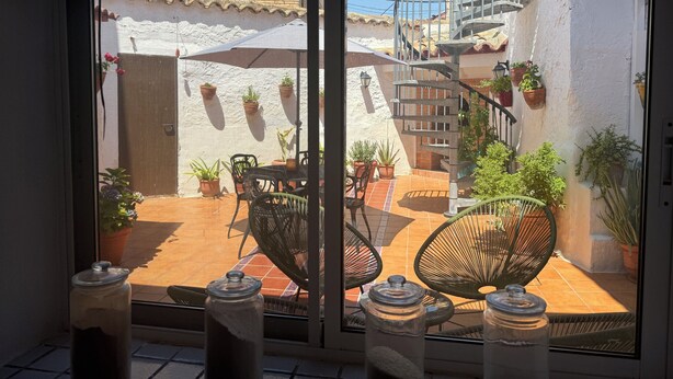 Une terrasse avec une table et des chaises, des plantes en pot et un escalier en colimaçon.