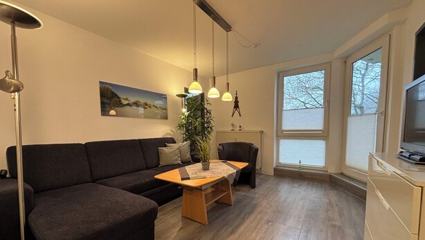 En moderne stue med en mørk sofa, et træbord og et fjernsyn på et stativ. Tre pendellamper hænger fra loftet, og et stort vindue giver udsigt til træer.