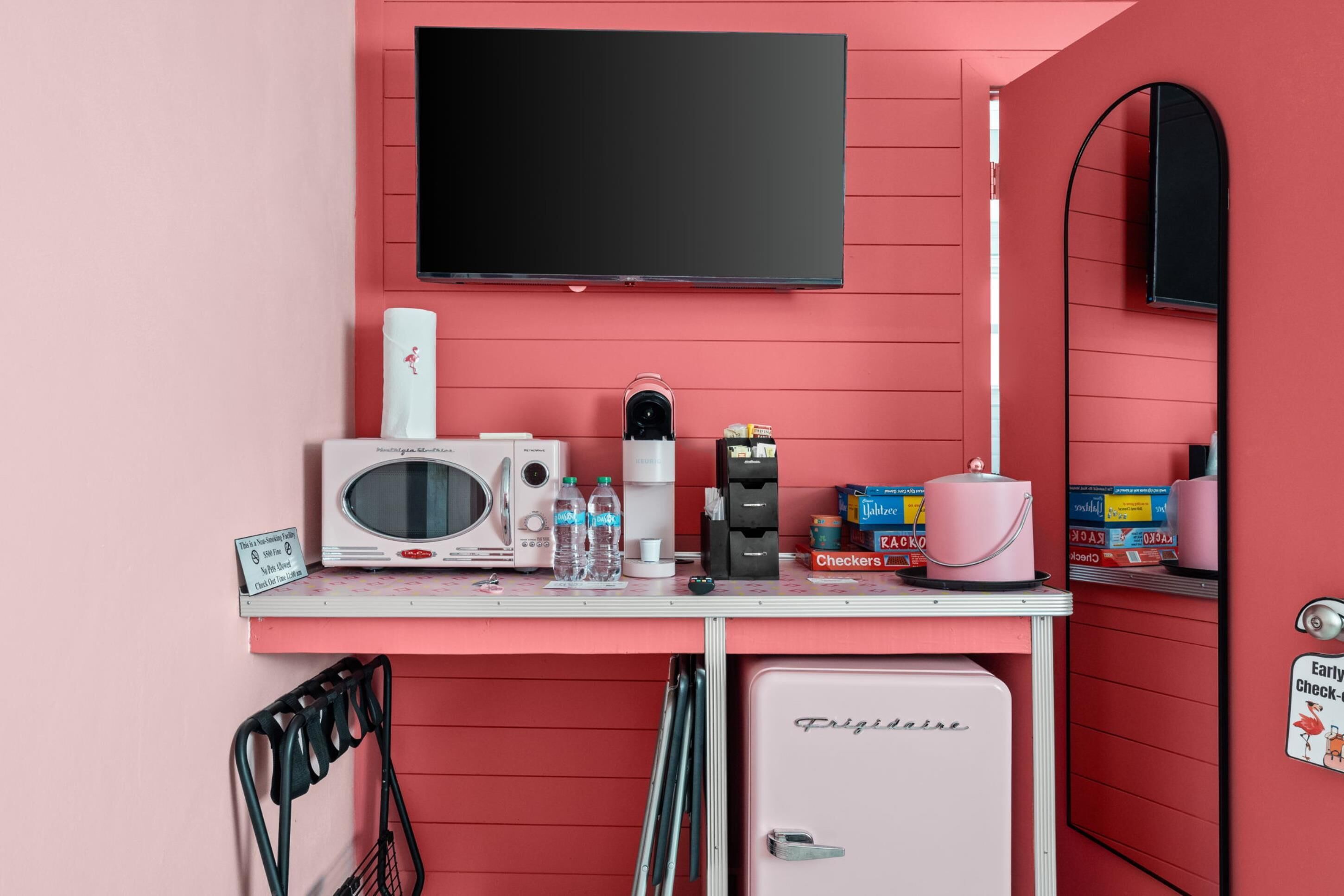 Mini-fridge, microwave, coffee/tea maker