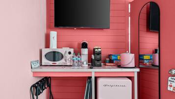Mini-fridge, microwave, coffee/tea maker