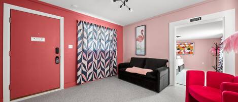 A room with a red door, a black sofa, a pink chair, a patterned curtain, and a ceiling light fixture.