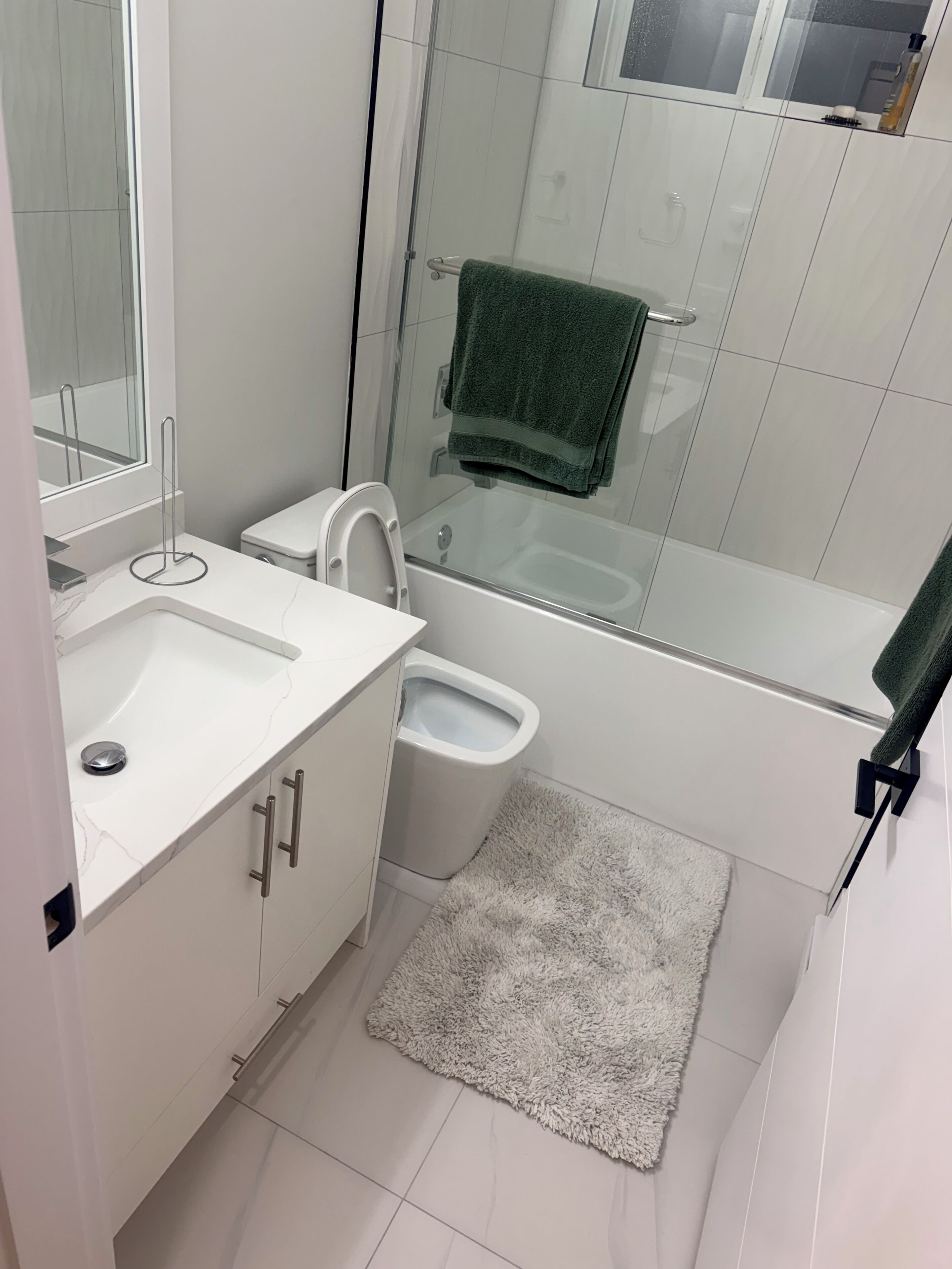 Hair dryer, towels, soap, toilet paper