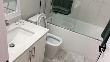 Hair dryer, towels, soap, toilet paper