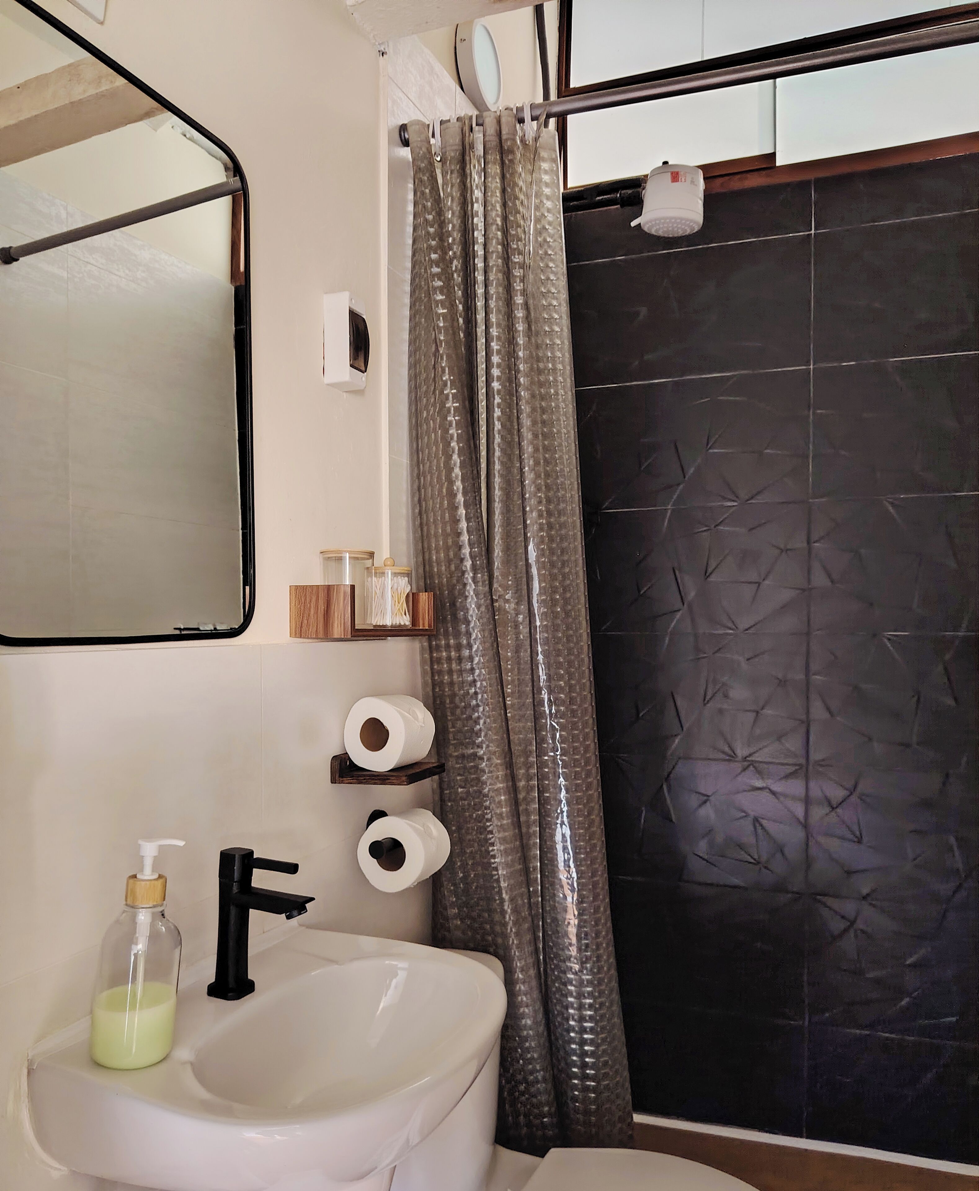 Shower, towels, soap, shampoo