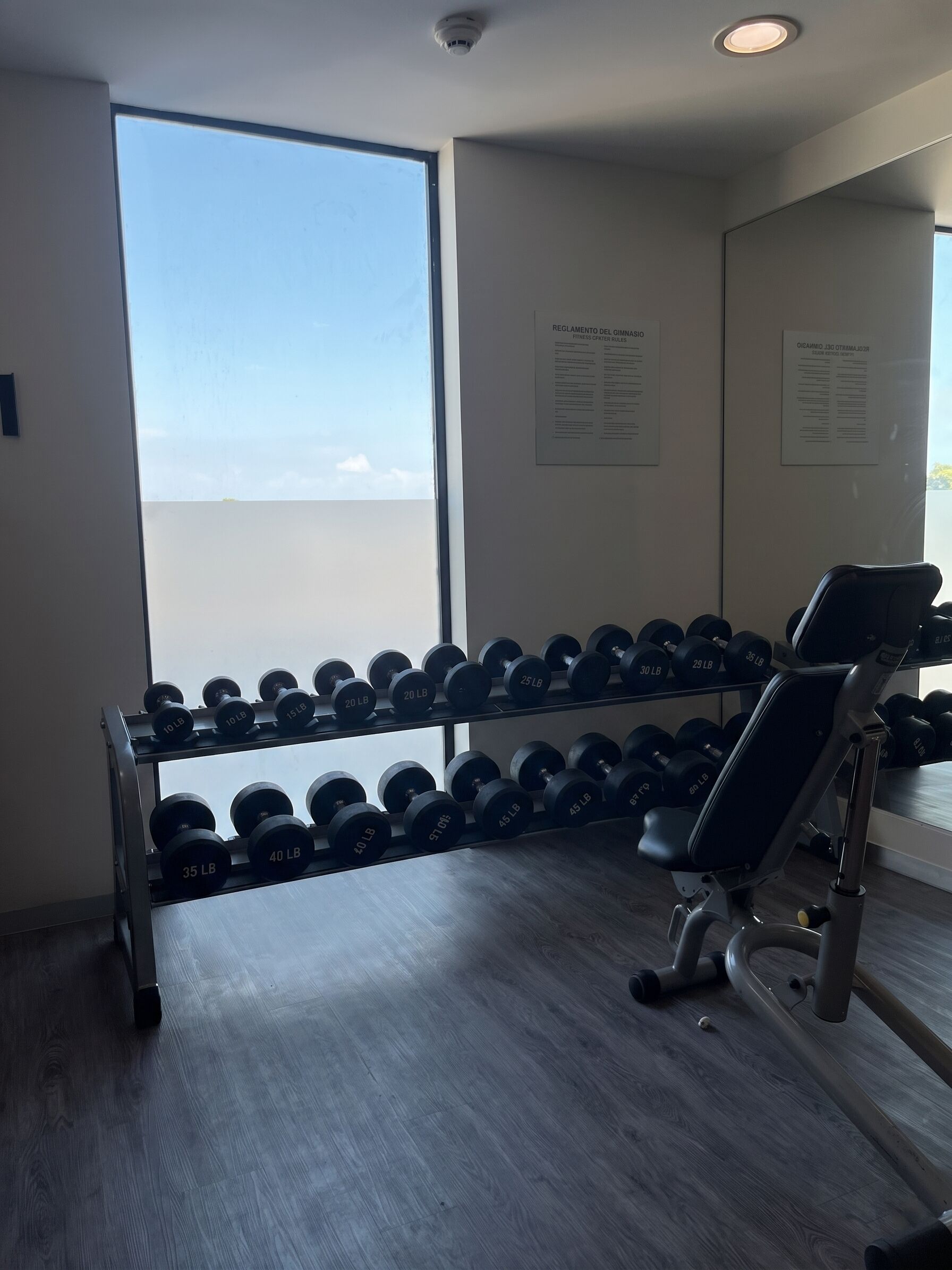 A gym with a rack of dumbbells, a bench press, and a large window.