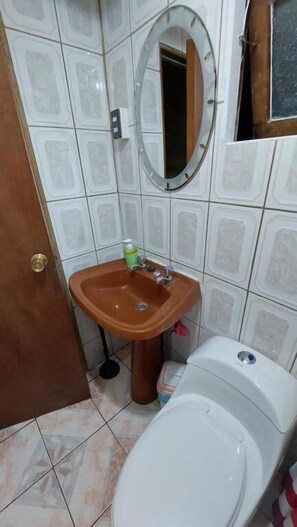 Habitación individual básica, patio, vista a la ciudad | Baño | Secadora de cabello, toallas, papel de baño 