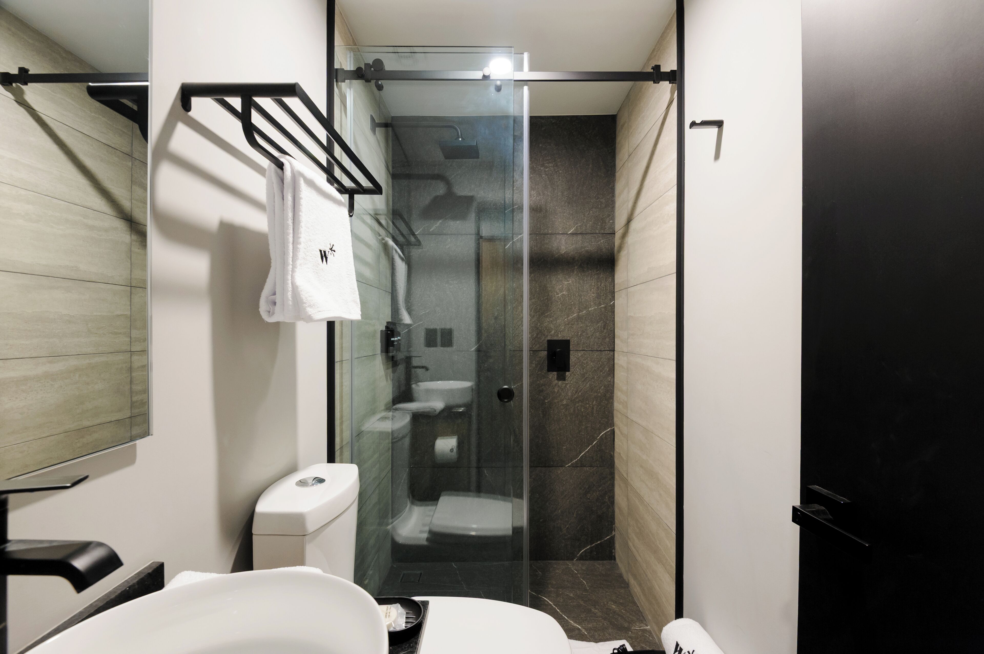 A modern bathroom with a glass-enclosed shower, a toilet, and a sink.