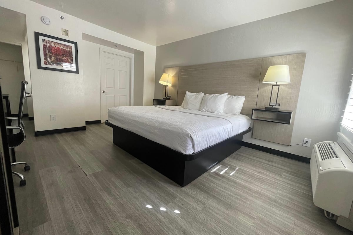 A hotel room with a large bed, two bedside tables with lamps, a heater, and a door.