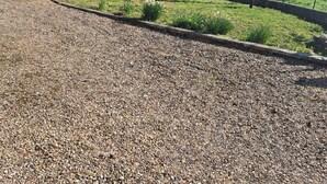 A gravel area with a tree and a grassy field. - Maison du pecher 10 minutes from Beauval zoo (Couffy)