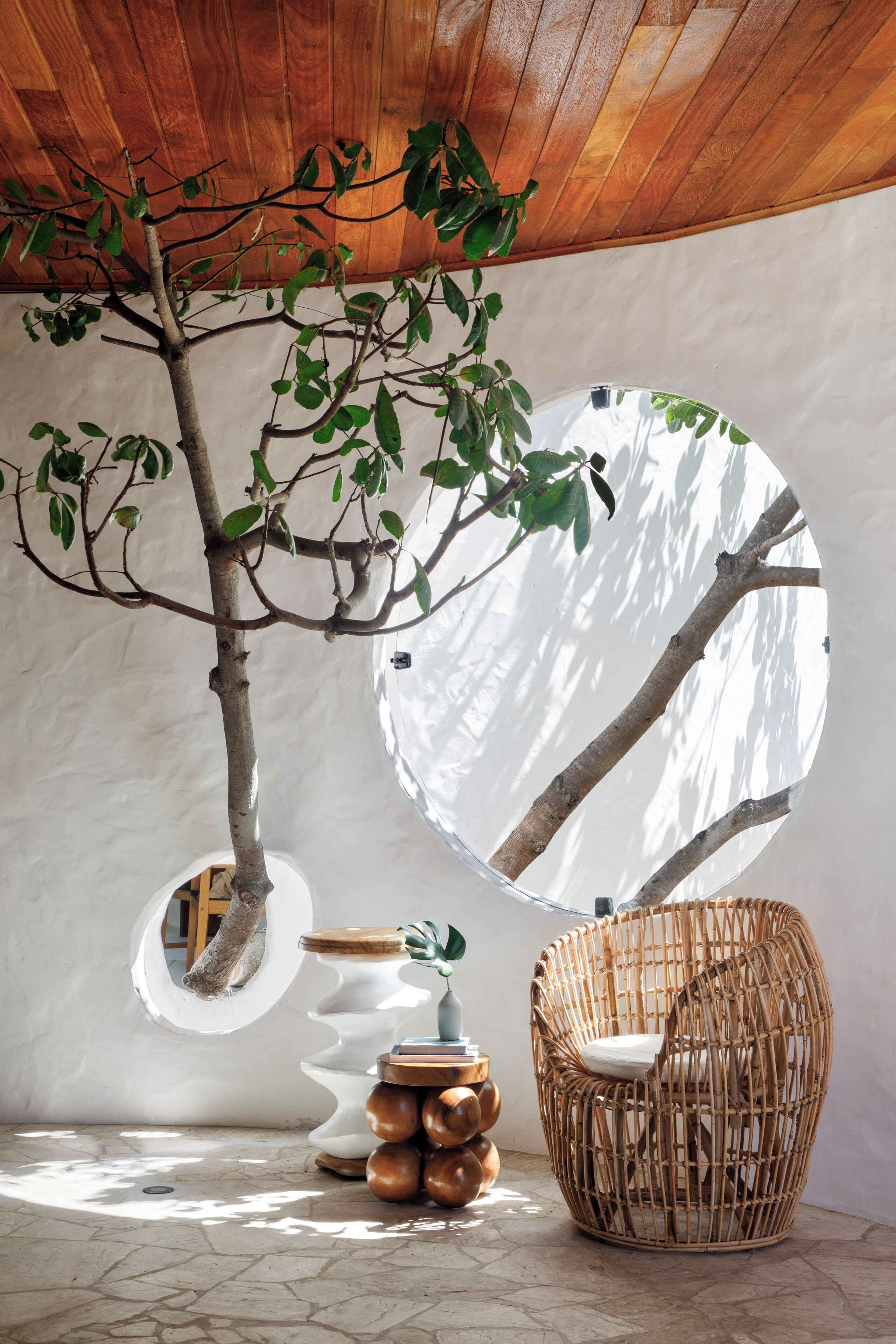 A room with a tree branch, a circular mirror, a wicker chair, and a unique white wall design.