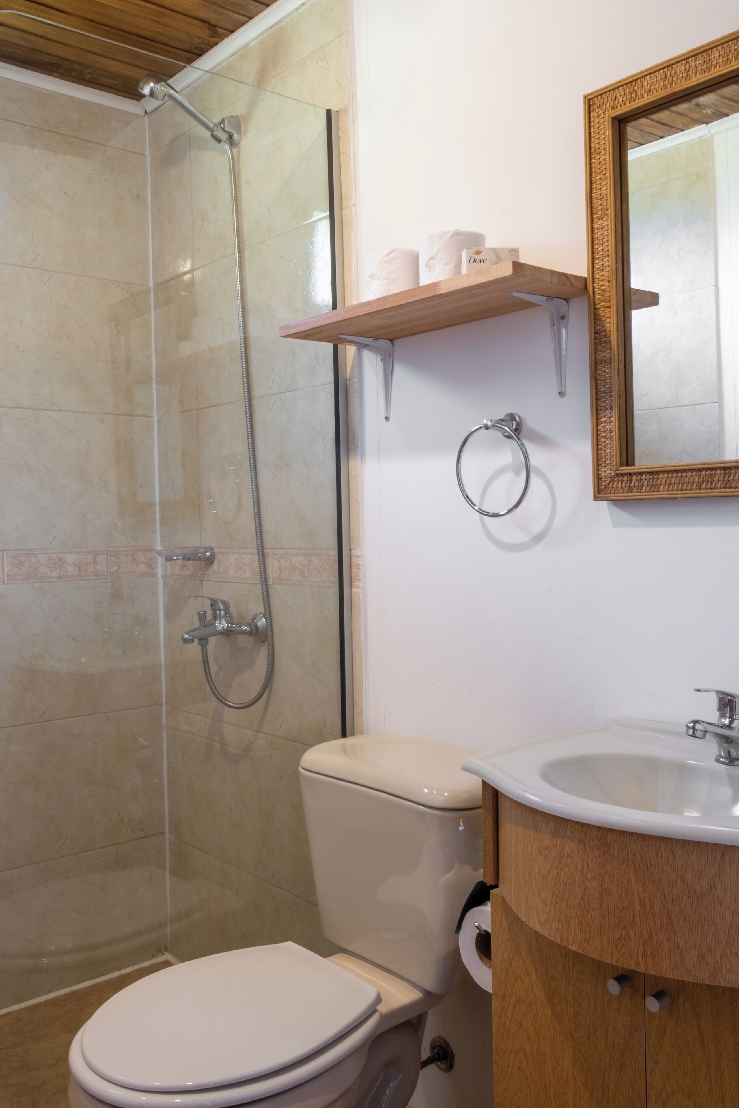 Une salle de bain avec une douche à parois de verre, des toilettes, un lavabo et un miroir.