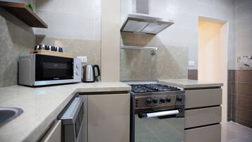 Deluxe-huoneisto, 3 makuuhuonetta, parveke, kaupunkinäköala | Yksityinen keittiö | Täysikokoinen jääkaappi, mikroaaltouuni, uuni, liesi