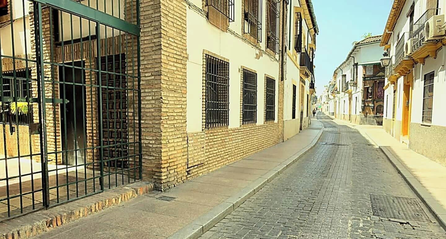 Een smalle straat met kinderafslag, omzoomd door gebouwen, met aan de linkerkant een bakstenen muur met tralies en een metalen hek.