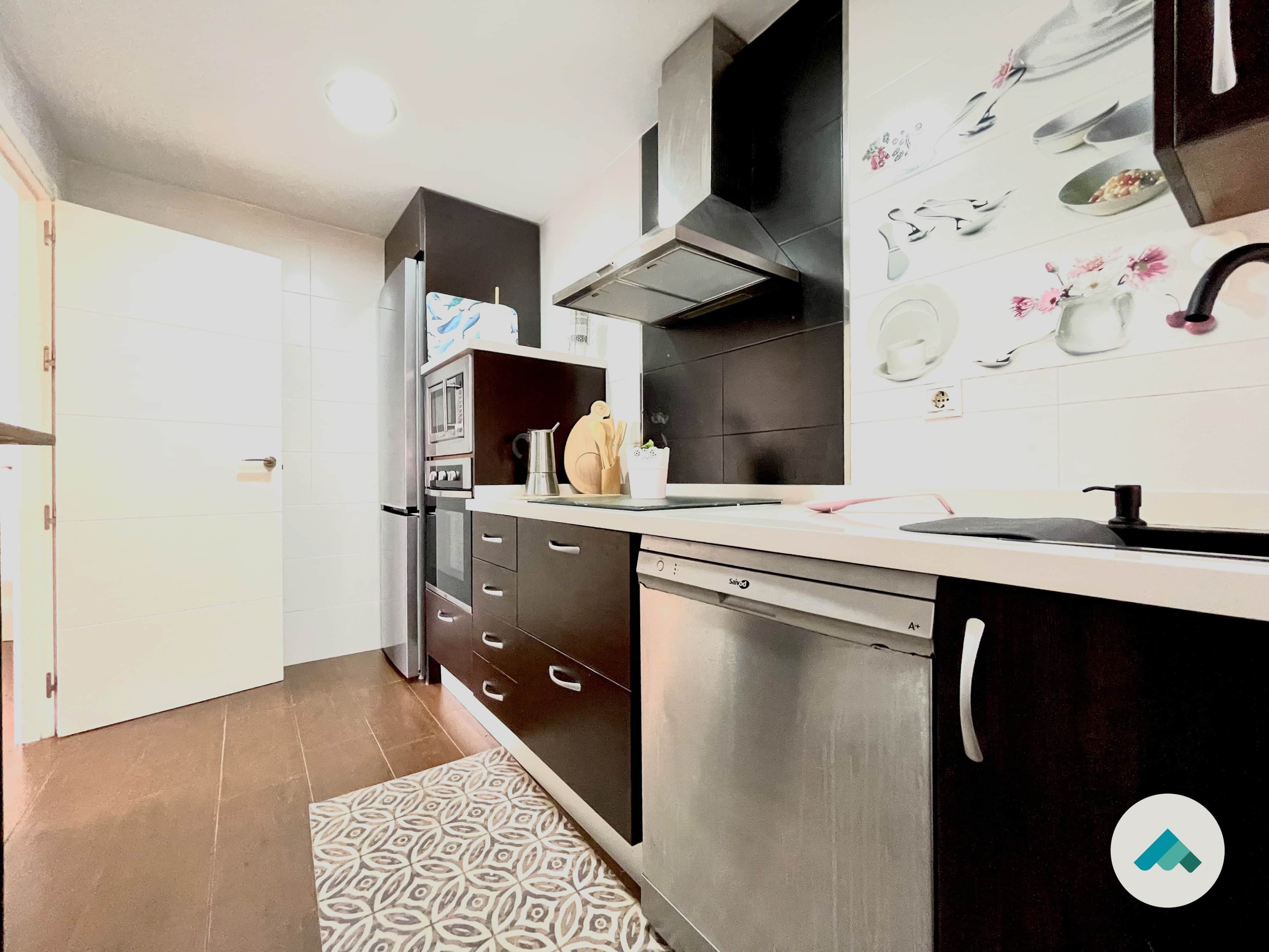 Fridge, microwave, dishwasher, cookware/dishes/utensils