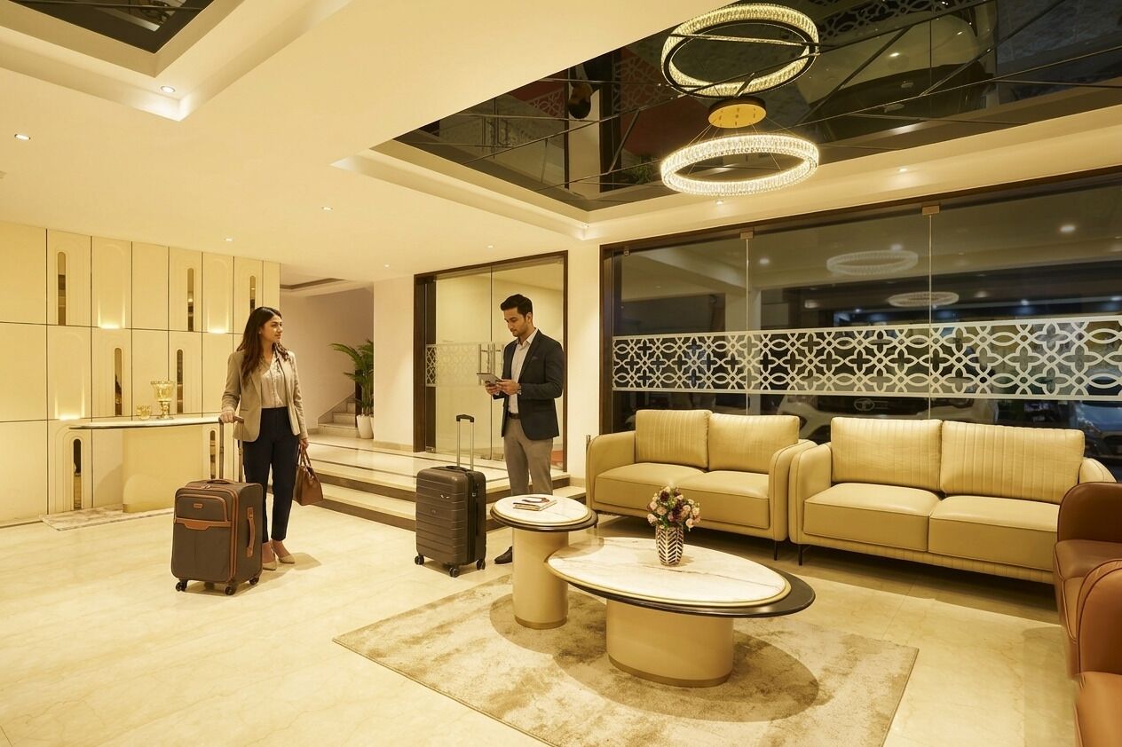 A modern hotel lobby with a sofa, a coffee table, a reception desk, and a large window.