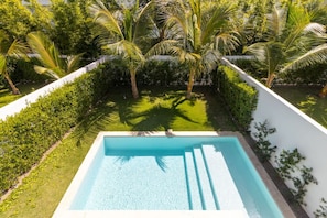A rectangular swimming pool with a clear blue water surface, surrounded by well-maintained greenery and palm trees. - 3 Bedroom Villa in Estrella Dominicus w/ Pool (Dominicus)