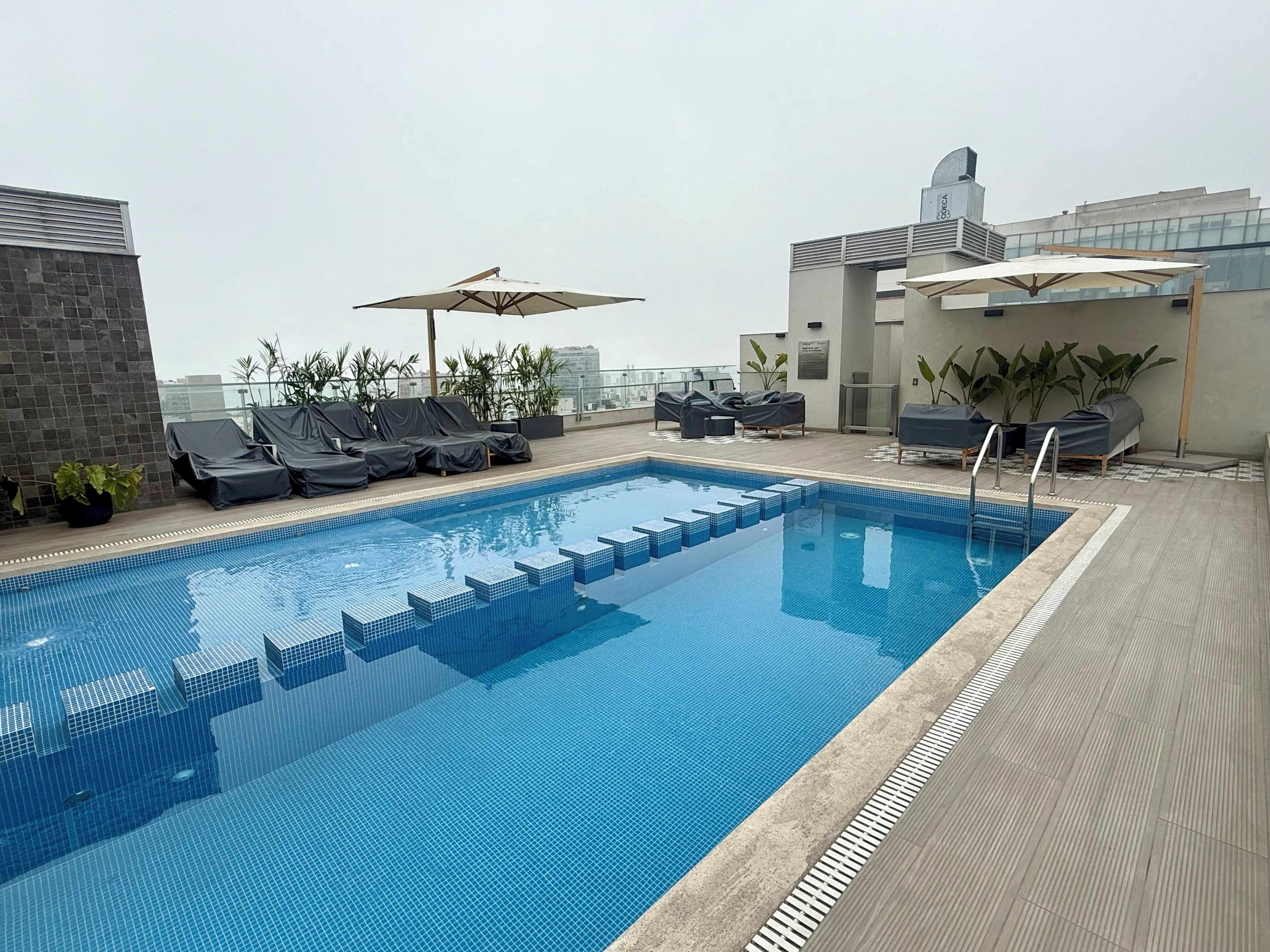 A rooftop swimming pool with lounge chairs and umbrellas, surrounded by potted plants and modern buildings.