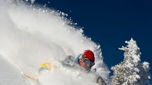 A skier in motion, surrounded by snow. - Siesta Inn (Salt Lake City)