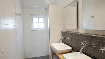 Shower, towels, toilet paper