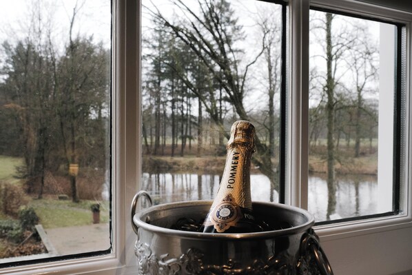 A bottle of champagne in a metal bucket on a windowsill.