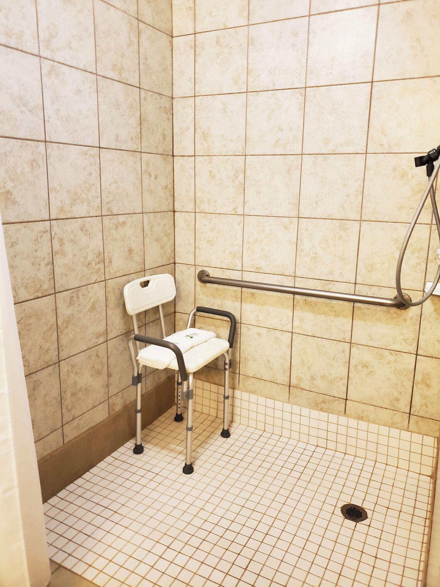 A small, tiled bathroom with a white toilet, a handrail, and a shower head.