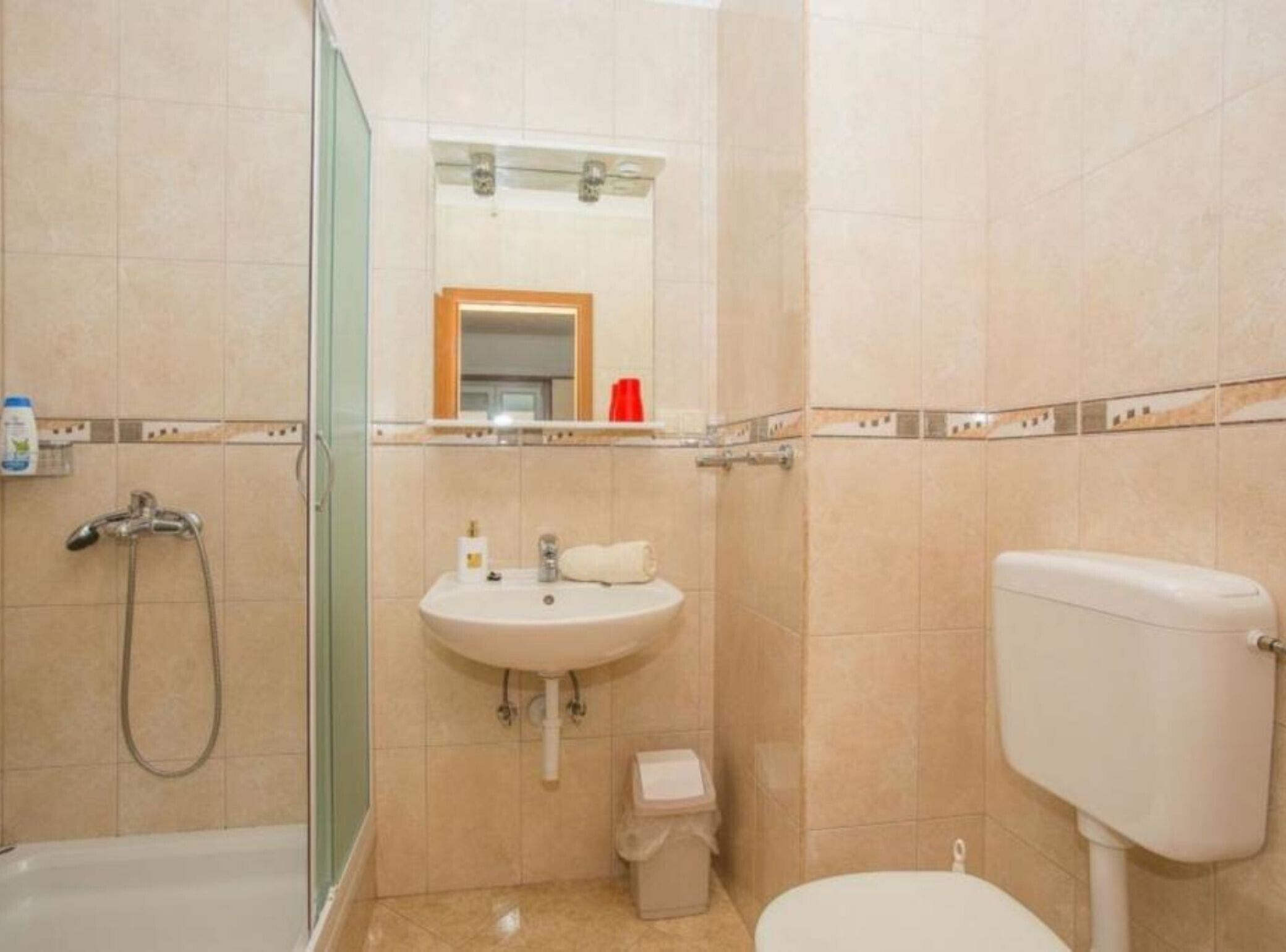 Een badkamer met douche, wastafel, toilet en een douchecabine met glazen wanden.