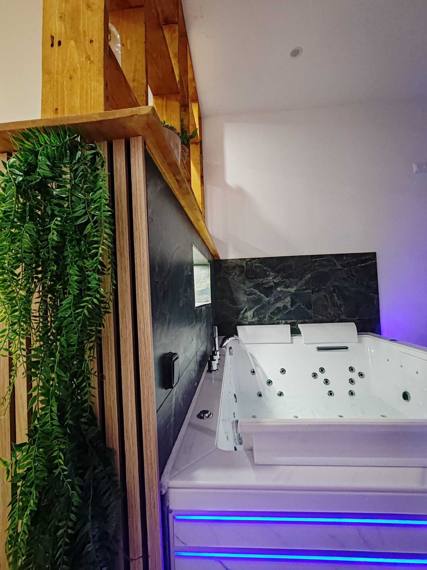 Un baño moderno con una bañera grande, paneles de madera y una planta verde.
