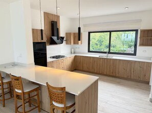 A modern kitchen with a large island, wooden cabinets, and a large window providing a view of greenery. - 3-bedroom villa in fabulous Las Terrenas with AC (Las Terrenas)