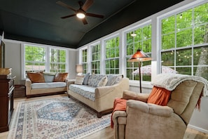 TV, fireplace, DVD player, books