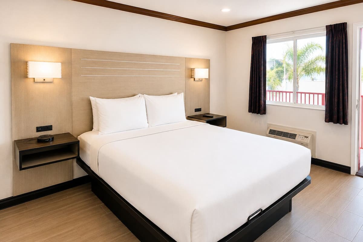 Quarto de hotel com cama, mesas de cabeceira, luminárias fixadas na parede, janela com cortinas e vista para palmeiras.