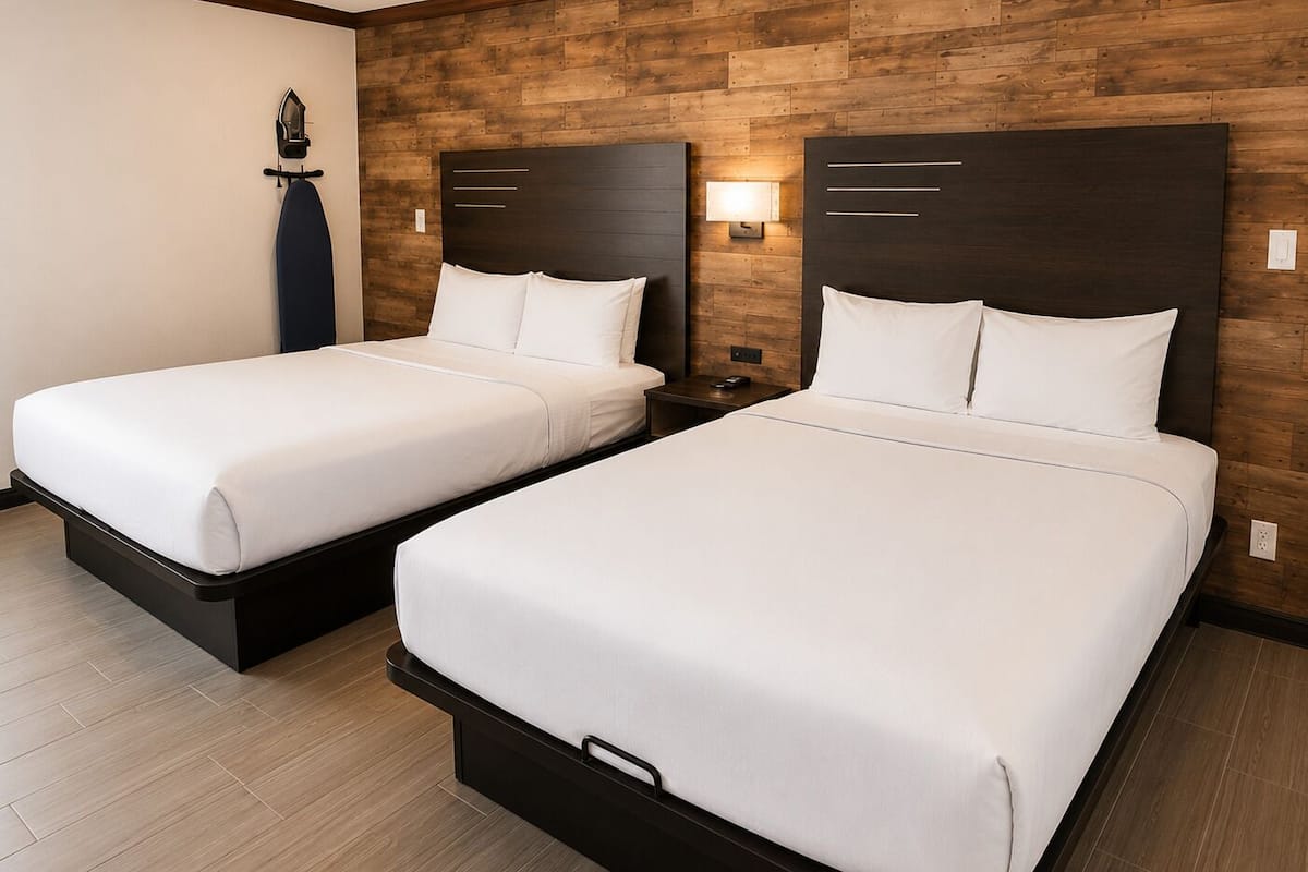 Duas camas de casal com roupa de cama branca, painéis de parede de madeira e uma mesa de cabeceira com abajur.