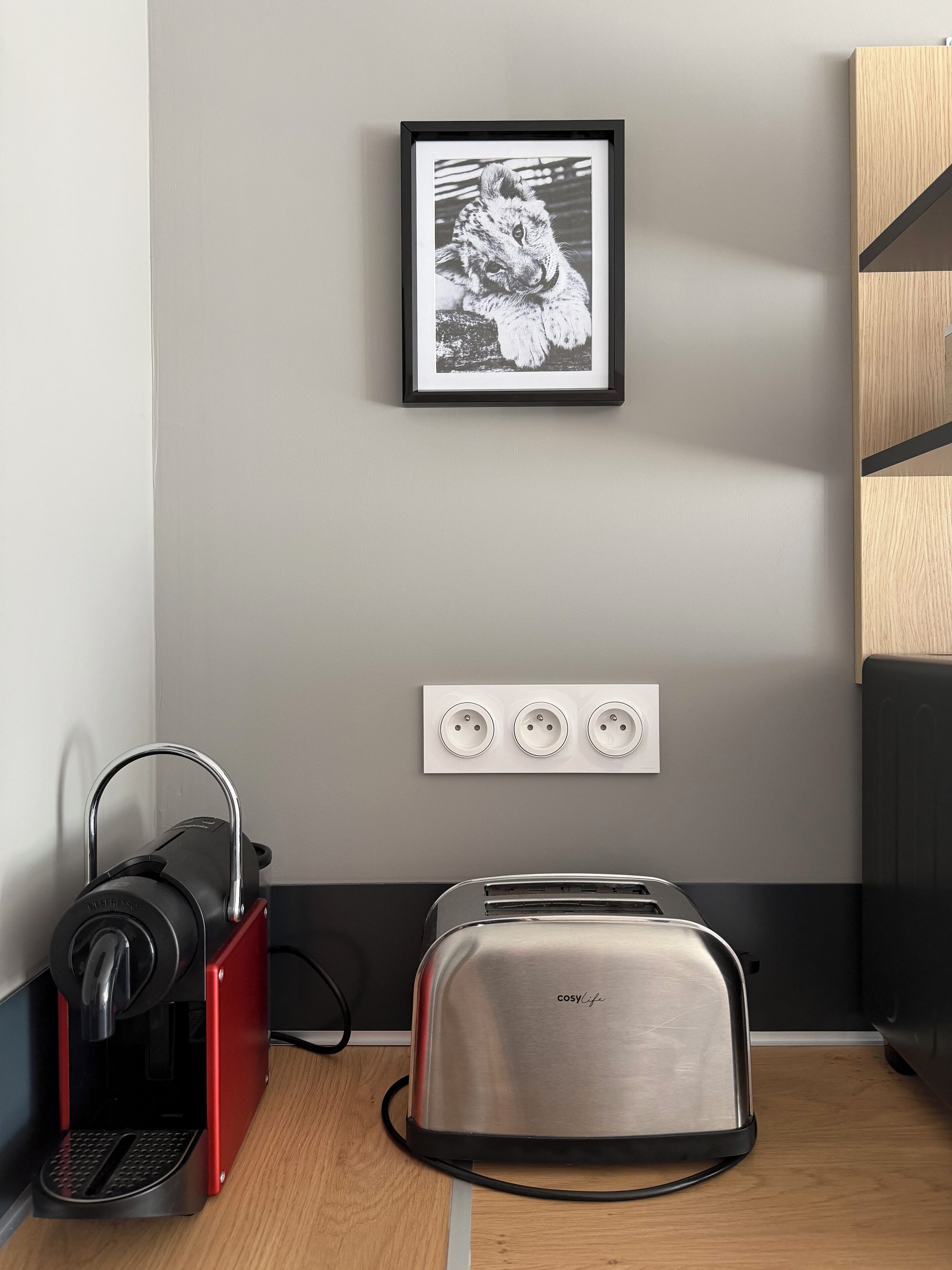 Una kitchenette equipada con cafetera, tostadora y un cuadro en la pared.