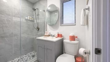 Dusche, Haartrockner, Handtücher, Shampoo