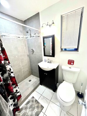 Ducha, secador de pelo, toallas, shampoo