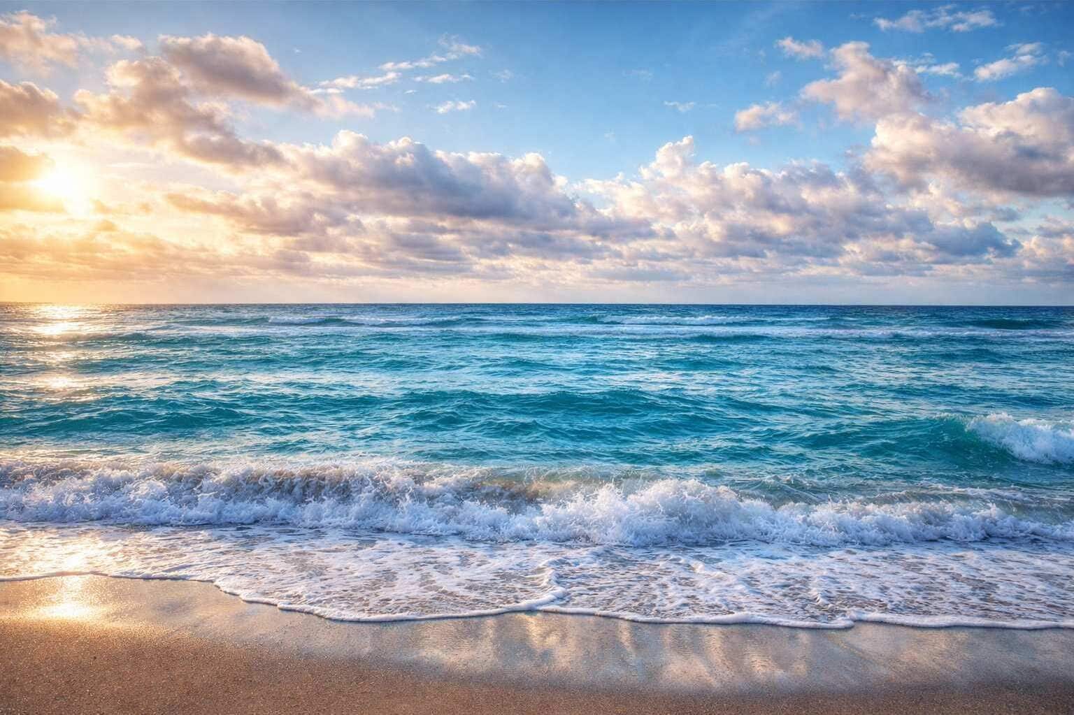 Une plage avec des vagues, un ciel dégagé et des nuages.