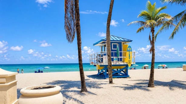 Une plage avec une tour de surveillance, des palmiers et un ciel bleu dégagé.