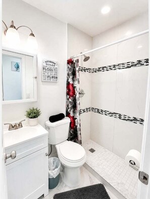 Shower, hair dryer, towels, shampoo
