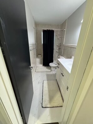 Hair dryer, towels, soap, shampoo
