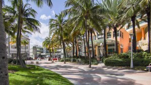 A paved walkway lined with palm trees and buildings with balconies, suggesting a resort or hotel setting. - South Beach 2BR Condo Walk to Beach  (Miami Beach)